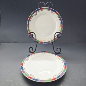 Pier 1 Celebration 7 5/8" Salad Plates Multi Band Gold Swirls LOT OF 2